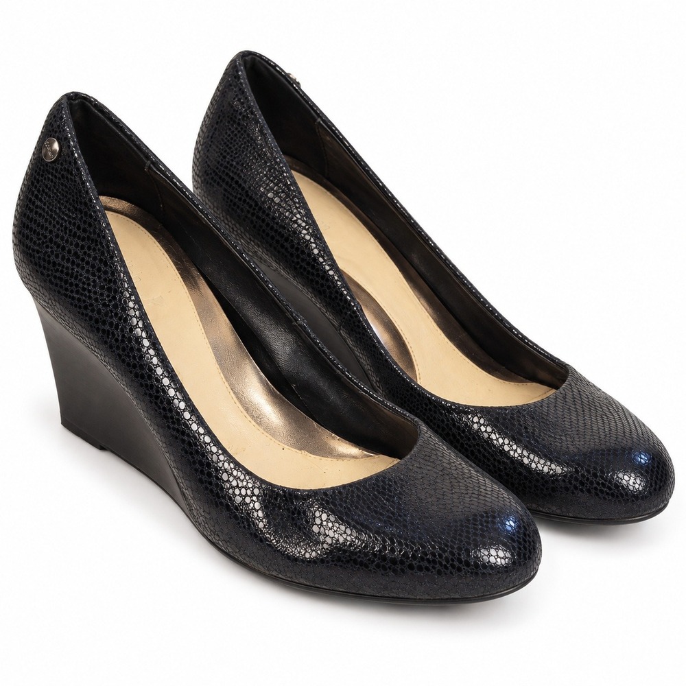 Calvin Klein Saxton Women 11M Black Reptile Lizard Wedge Pumps Y2K Office Chic